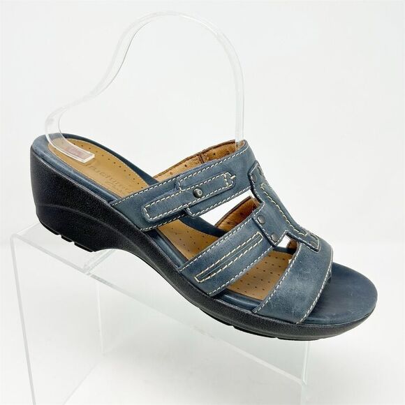 Clarks Unstructured Women's Blue Leather Slip On Wedge Sandals Size 9.5 Comfort - Picture 1 of 12